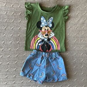 EUC Disney Baby Girl Outfit Set, Minnie Mouse Green, Blue, & Rainbows, 24 Months